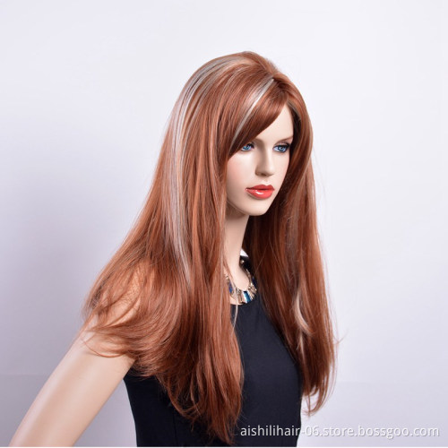 This year's bestselling women's long straight dark brown mixed with silver-white mid-parting wigs